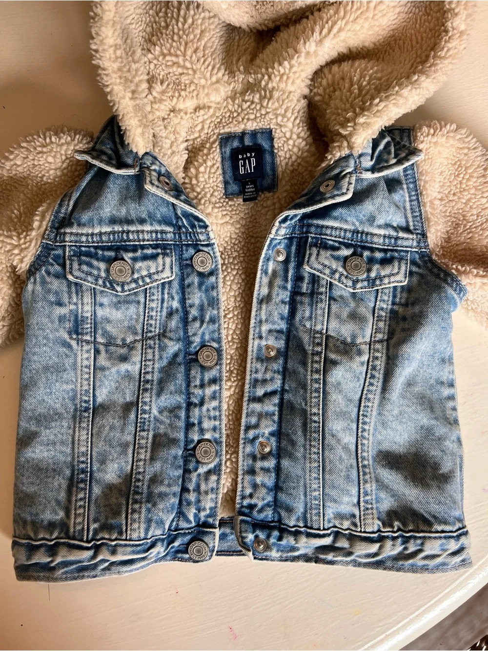 GAP Blue Denim Jacket with Cream Sherpa Hood